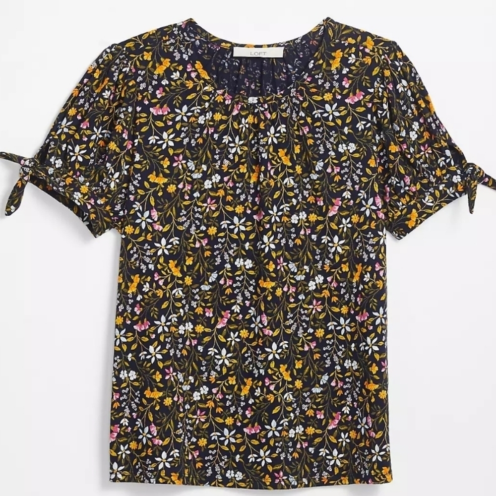 Ann Taylor Loft Cotton Tie Sleeve Floral T Shirt